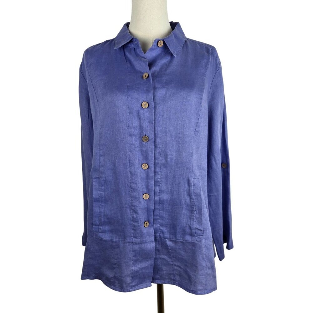 Soft‎ Surroundings ButtonDown Shirt Sz PL Lavender Linen Long Sleeve Lightweight